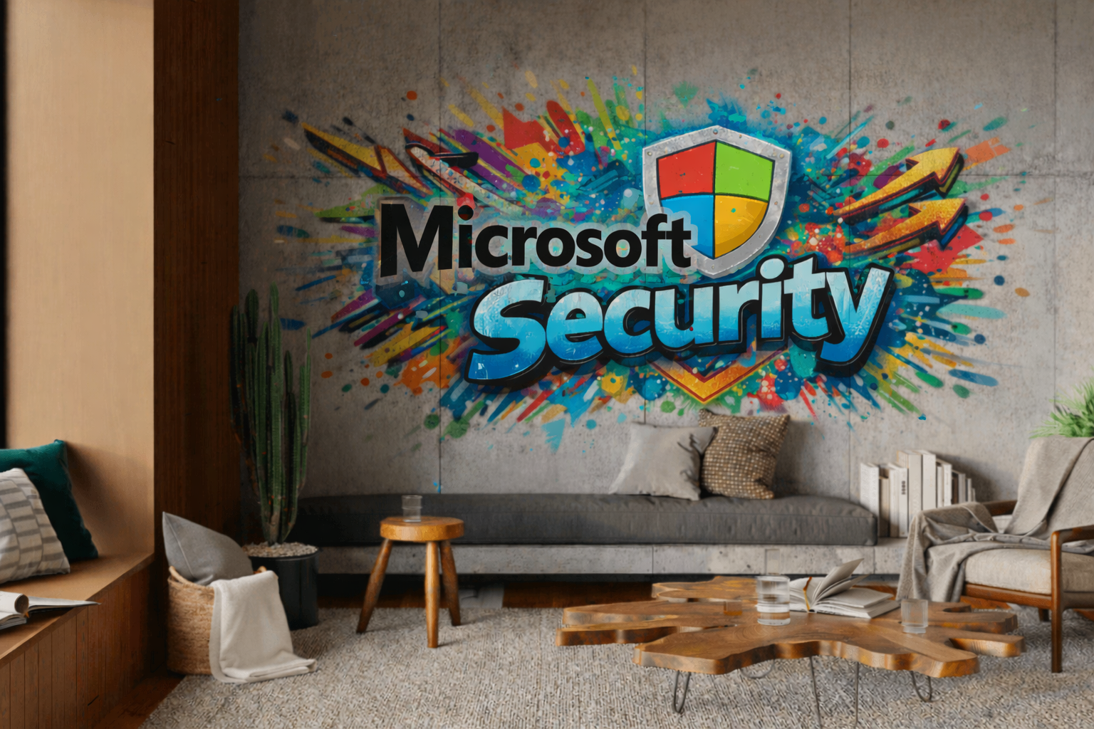 Microsoft Security mural in a modern lounge — colorful graffiti shield with the four-color Windows palette.